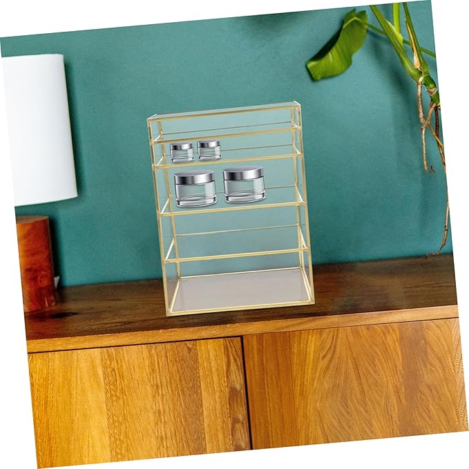 FOMIYES 1pc Multilayer Makeup Organizer Storage Rack Brass Glass Cosmetic Holder for Lipstick and Powder Stylish Desktop Makeup Display Storage for Home and Vanity