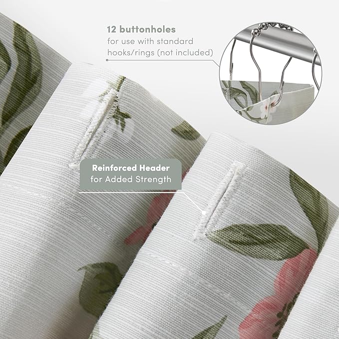 Martha Stewart Meadow Floral Shower Curtain, Cotton-Rich Slub Texture, Timeless Garden Design, Classic to Modern Farmhouse Bathroom Decor, Machine Washable 72"x84", Green