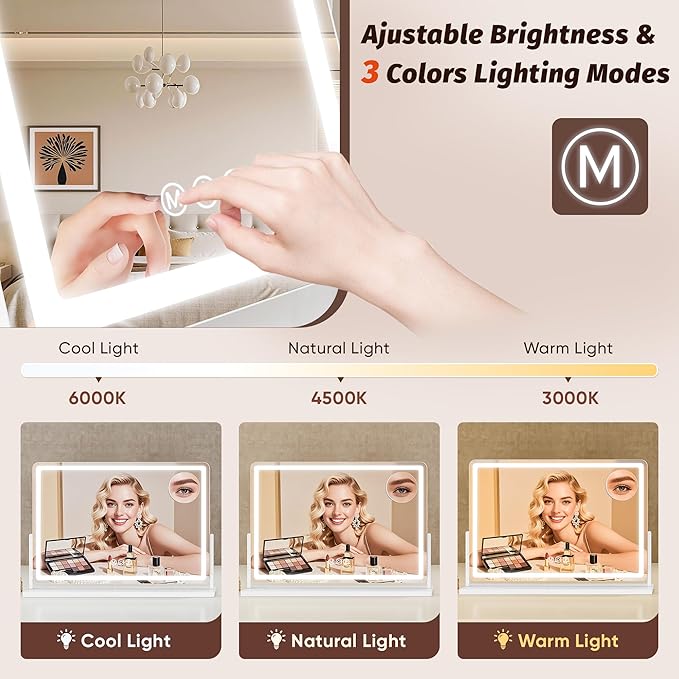 Vanity Mirror with Lights, 33"x23" Hollywood Lighted Makeup Mirror for Tabletop & Bedroom 3 Color Lighting Modes Smart Touch Control 360° Rotation Detachable