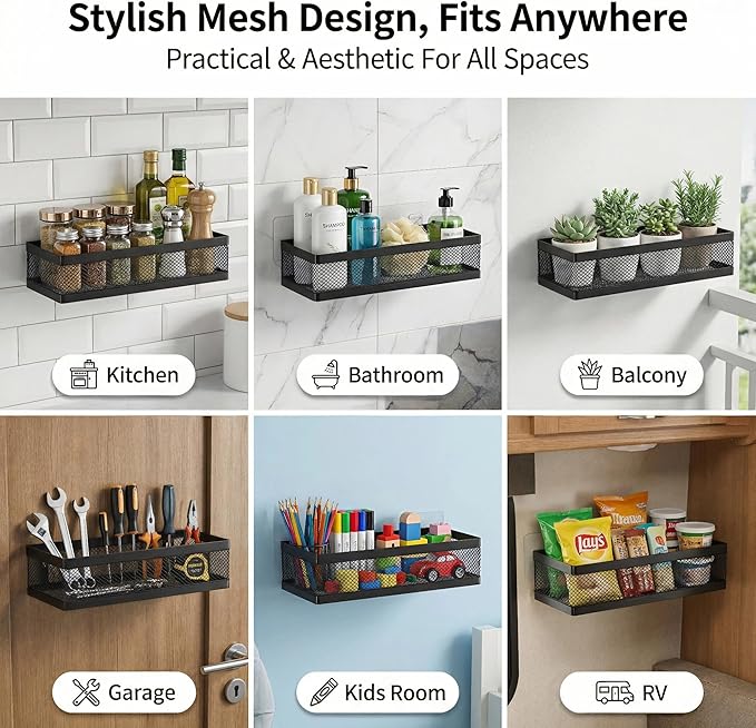 PUSDON Hanging Storage Baskets Organizer Wall Mount, Metal Wire Storage Bin Rack for Kitchen Bathroom Shower Spice Shelf Home Decor Essentials Black-2 Packs (Netting)