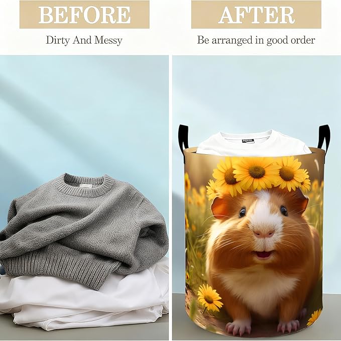 Sunflower Guinea Pig Laundry Basket Hamper for Boys Girls Kids Adults, Foldable Waterproof Oxford Clothes Storage Bin, Pet Organizer for Bedroom Bathroom Room Decor 19.7"x15.8"