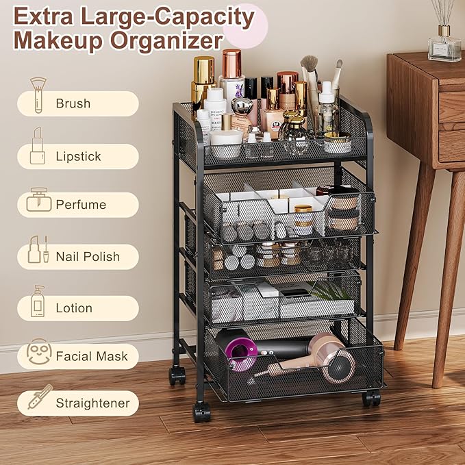 Makeup Cart Organizer with 4 Drawers, Vanity Storage Organizer, Large Floor Skincare Organizers Cosmetics Display Cases for Skin Care Perfume Nail Polish, Black