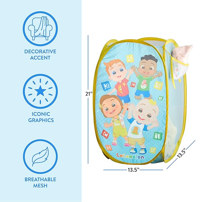 Cocomelon Pop-Up Hamper with Durable Carry Handles, Kids Laundry & Room Storage Organizer, 21?€?H x 13.5?€?W x 13.5?€?L