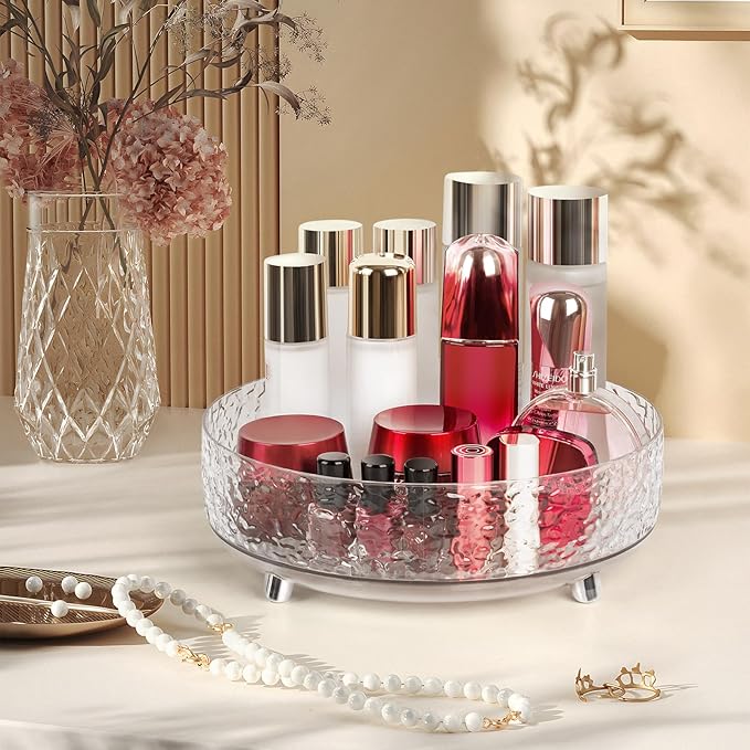 CECOLIC 360° Rotating Makeup Organizer, 11'' Lazy Susan Perfume Organizer Tray, Spinning Skincare Cosmetics Storage Organizer for Vanity, Dresser and Bathroom Countertop (Clear)