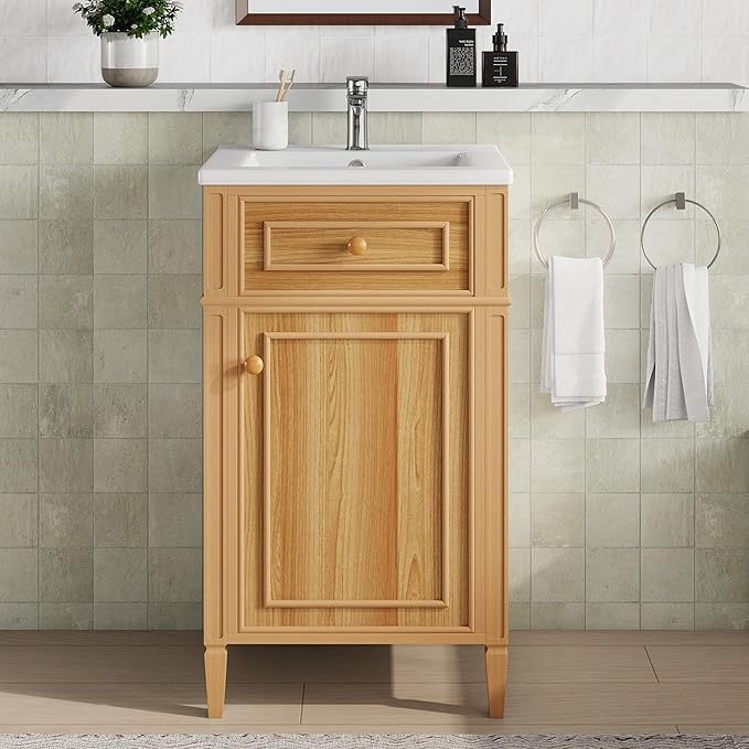 Virubi 20 in Small Bathroom Vanity with Sink,Soft Closing Door,Tilt-Out Drawer and Adjustable Shelf,Solid Wood Frame Modern Single Bathroom Sink Cabinet,Freestanding Natural Wood