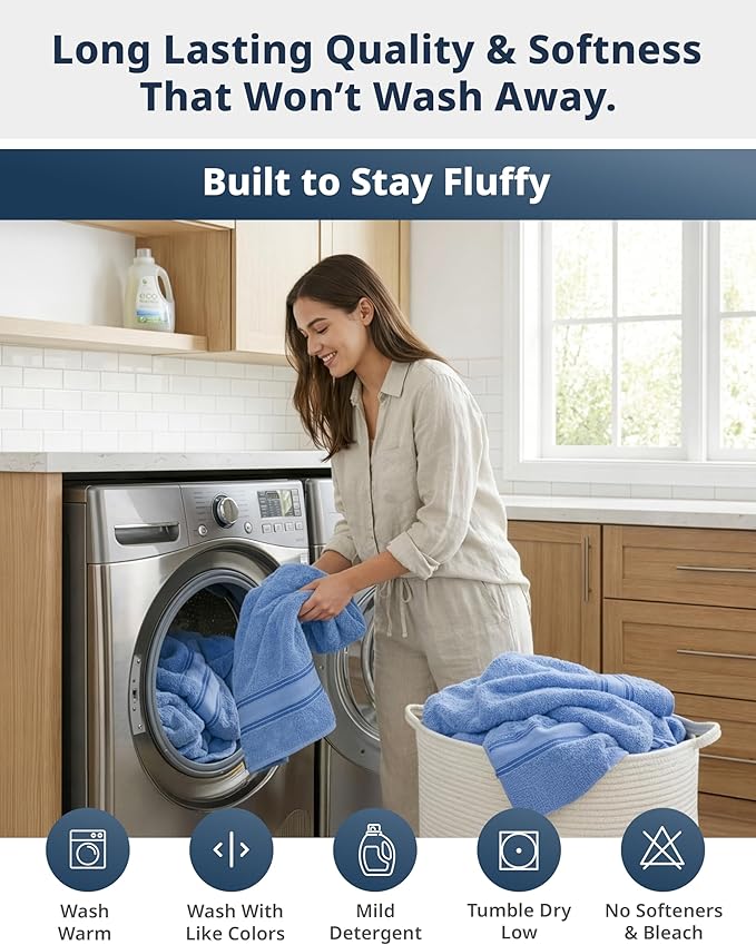 LANE LINEN Bathroom Towels Set of 18 – Zero Twist, 100% Mercerized Cotton Towel, 6 Bath, 6 Handtowel & 6 Washcloths, Luxury Hotel Design, Perfect for Salon & Guests, Machine Washable – Cerulean Blue