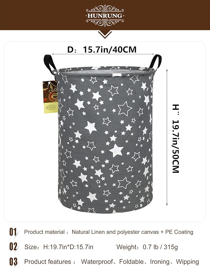 HUNRUNG Laundry Hamper,Large Canvas Fabric Lightweight Storage Basket Toy Organizer Dirty Clothes Collapsible Waterproof for College Dorms, Children Bedroom,Bathroom???Round star???