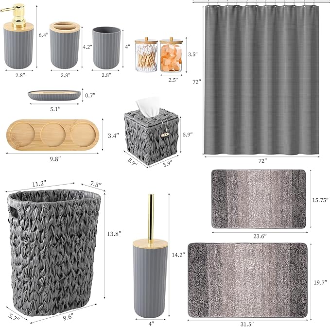 Bathroom Accessories Set, 25PCS Wicker Bathroom Accessory Set with Shower Curtain, Bath Mat, Soap Dispenser, Handwoven Trash Can & Ratten Tissue Box (Grey, Bath Set+Shower Curtain+Rugs)
