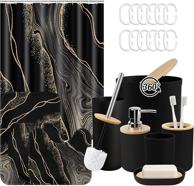 Marble Black Bathroom Decor and Accessories Set, Shower Curtain and Rug Set with Trash Can, Soap Dispenser, Soap Dish, Toothbrush Holder, Toothbrush Cup, Toilet Brush