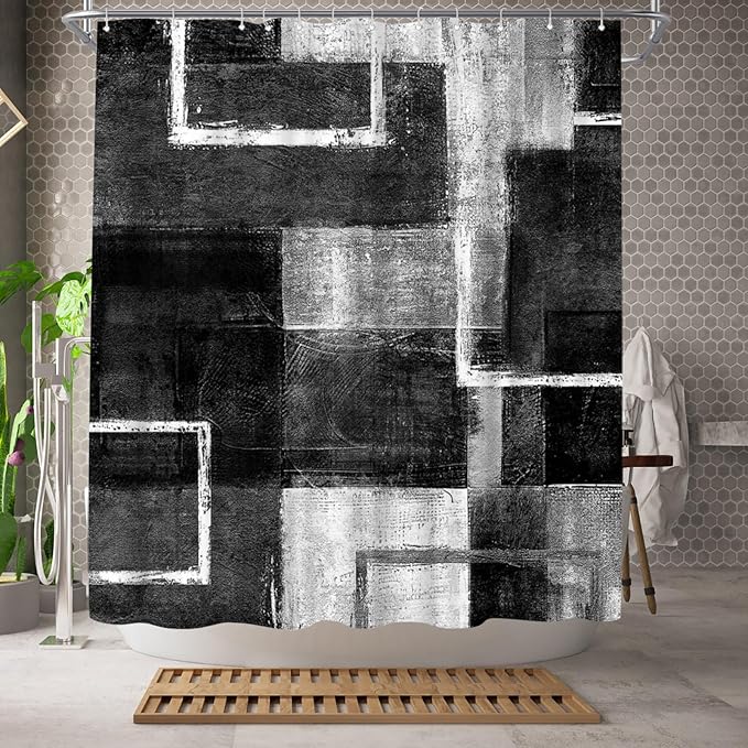 WELMECO Abstract Black Shower Curtain Geometric Shower Curtain Bathroom Decor Polyester Fabric 72x72inch (Black)