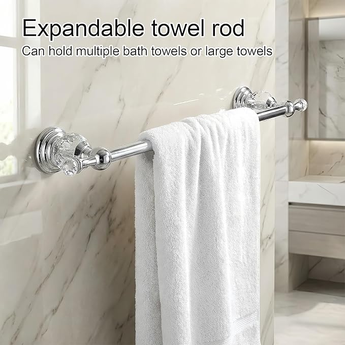 Chrome Crystal Bathroom Hardware Adjustable 24 Inch Towel Bar Set Toilet Paper Holder Towel Ring Coat Hooks Bathroom Accessories 4 Pieces Wall Mounted
