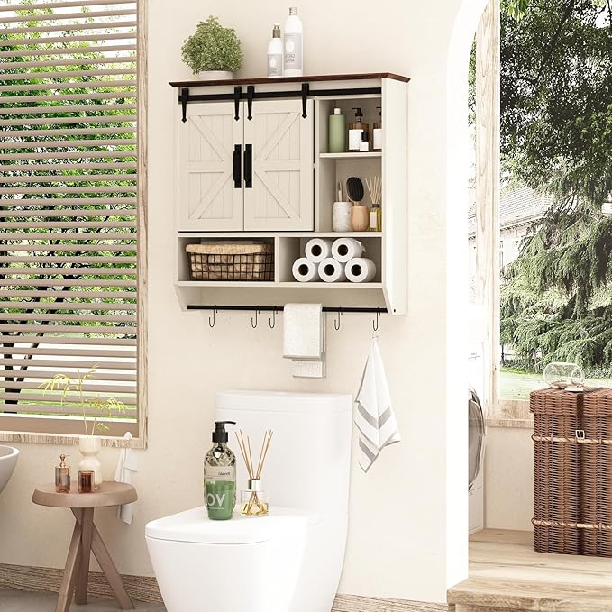 RUSTOWN Farmhouse Bathroom Wall Cabinet,3-Tier Rustic Wood Wall Mounted Cabinets,Vintage Medicine Cabinet with Sliding Barn Door and Adjustable Shelves,Over The Toilet Storage Cabinet (Vintage White)
