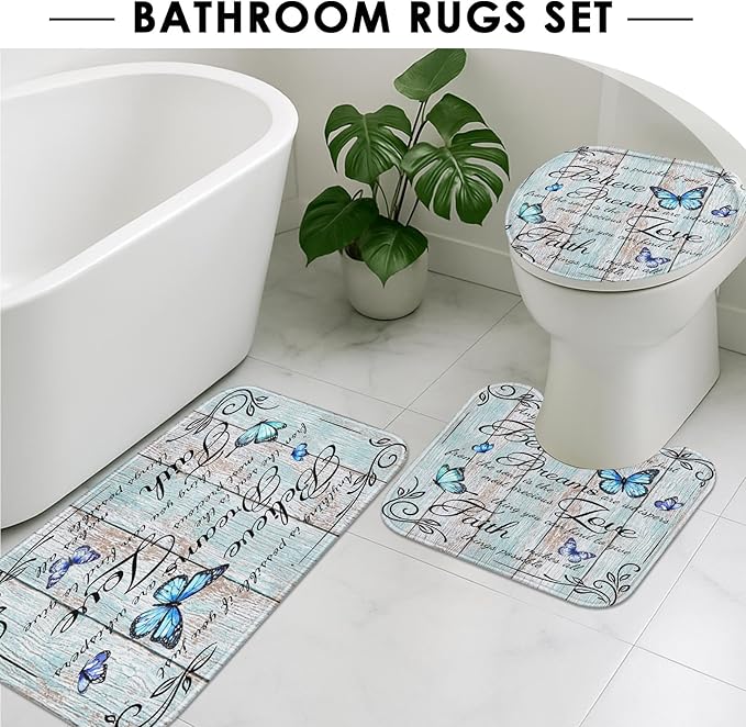 Britimes 4 Piece Shower Curtain Sets with 12 Hooks, Blue Butterfly Inspirational Quotes Farmhouse with Non-Slip Rugs, Toilet Lid Cover and Bath Mat for Bathroom Decor Set 72" x 72"