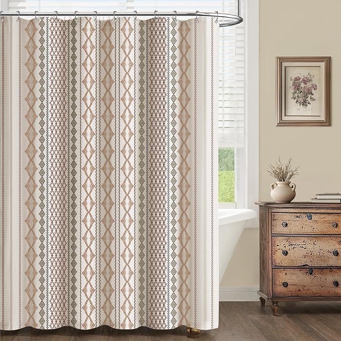 Boho Linen Shower Curtain for Bathroom with Striped Print,72" W x 78" L,Beige,Long Size