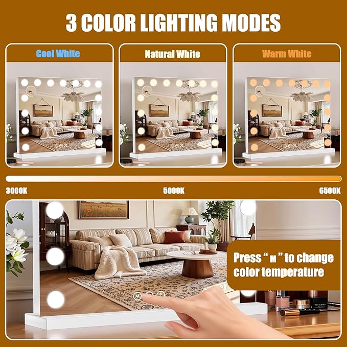 Vanity Mirror with Lights, 23"×18" Large Hollywood Makeup Mirror with 15 Dimmable Bulbs, 3-Color Lighting, Dimmable, 10x Magnification, Desk Mirror, Bedroom (White)