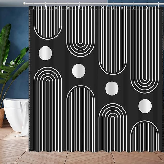 Boho Mid Century Shower Curtain Set, Modern Minimalist Arch Lines Sun Abstract Aesthetics Bathroom Decor, Waterproof Fabric Black Bohemian Bath Curtain with 12 Hooks 72x72 inches