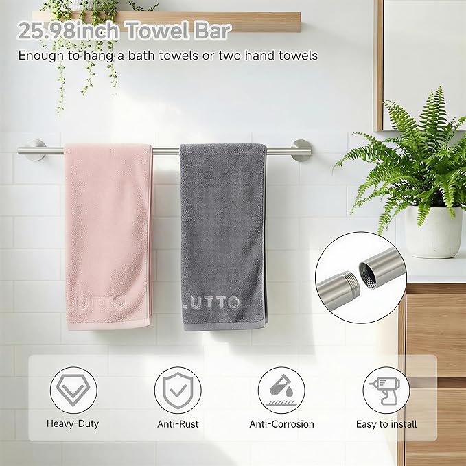 7-Piece Bathroom Hardware Accessories Set SUS304 Stainless Steel Towel Bar Set Wall Mounted 25.9-Inch Towel Rack, Towel Ring, Toilet Paper Holder with Shelf & 4 Hooks, Silver
