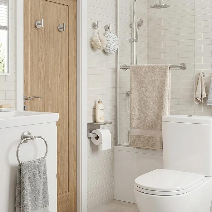 7-Piece Bathroom Hardware Accessories Set SUS304 Stainless Steel Towel Bar Set Wall Mounted 25.9-Inch Towel Rack, Towel Ring, Toilet Paper Holder with Shelf & 4 Hooks, Silver