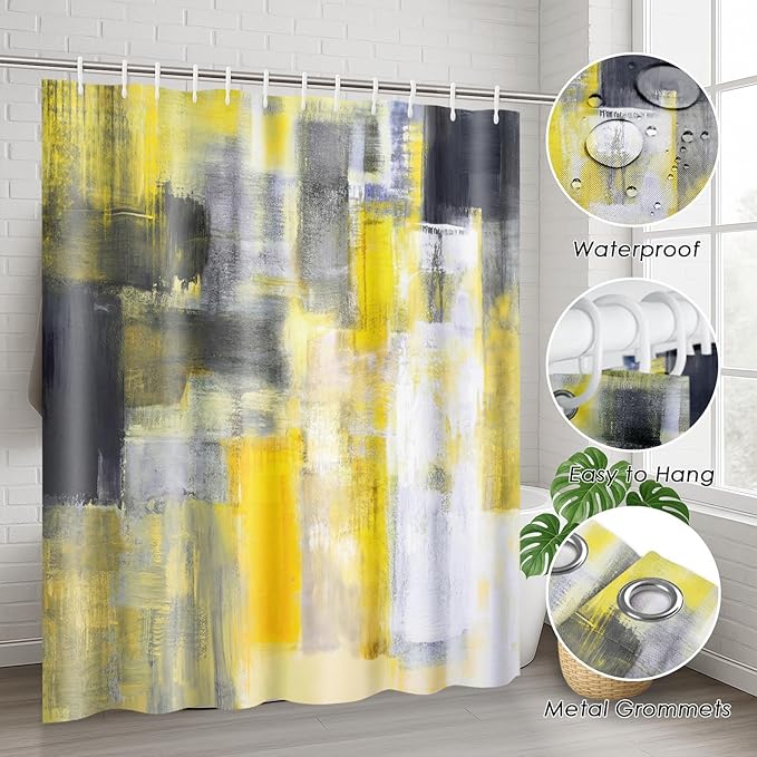 Britimes 4 Piece Shower Curtain Sets with 12 Hooks, Yellow Gray White with Non-Slip Rugs, Toilet Lid Cover and Bath Mat for Bathroom Decor Set 72" x 72"