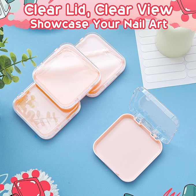 AceOrbit 48 Pcs Press on Nail Boxes with 180 Pcs Adhesive Double Sided Tape Acrylic Press on Nail Packaging Cases Pink Transparent Storage Case Organizer for Display Art Salon Supplies