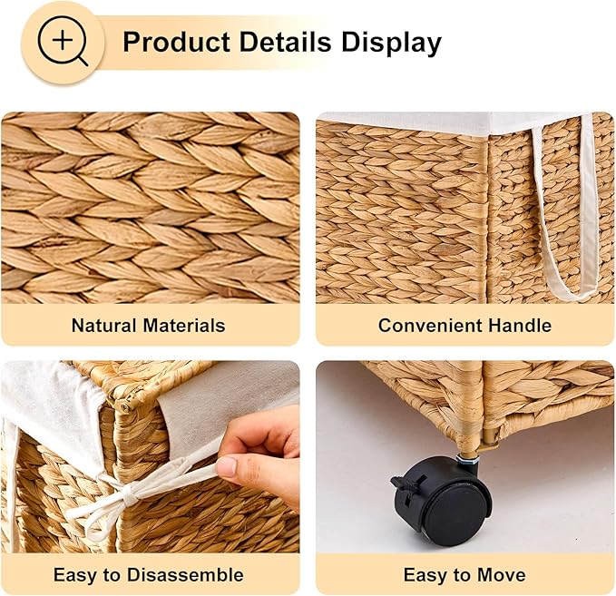 Rolling Laundry Hamper with Lid, Natural Water Hyacinth Basket with Removable Liner, Wheel or Non-Slip Installation Laundry Basket for Home Use (Natural, 60L)