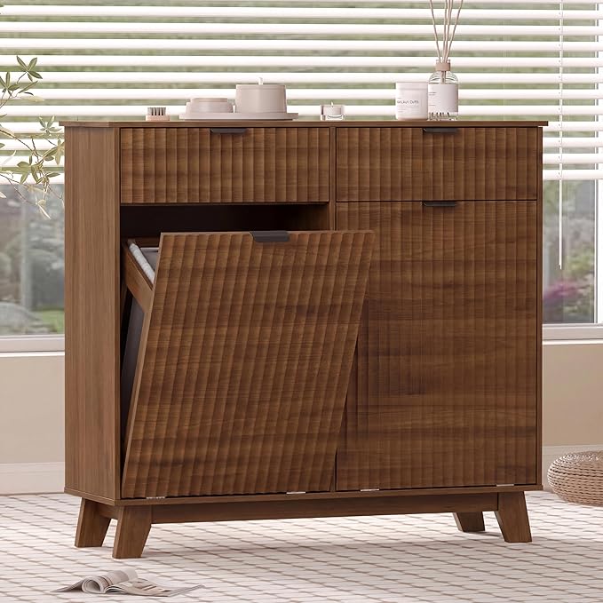 Wodeer Double Tilt Out Laundry Hamper Cabinet with 2 Drawers & Baskets, 20 Gallon Fluted Hidden Trash Can Cabinet, Farmhouse Wood Laundry Storage Cabinets for Bathroom, Kitchen, Walnut