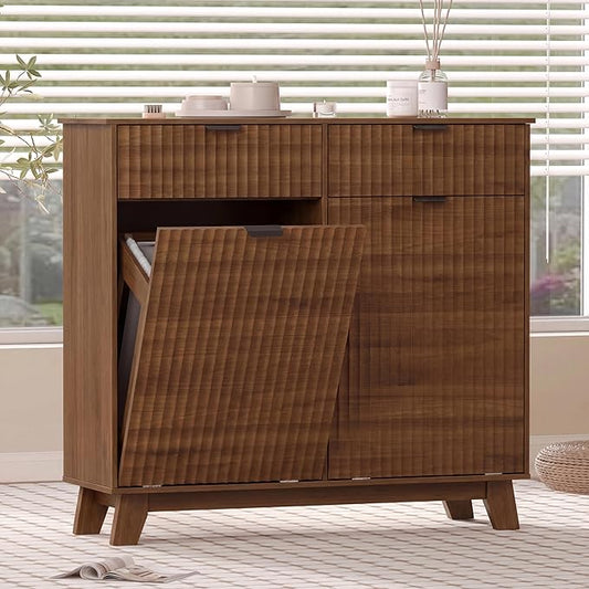 Wodeer Double Tilt Out Laundry Hamper Cabinet with 2 Drawers & Baskets, 20 Gallon Fluted Hidden Trash Can Cabinet, Farmhouse Wood Laundry Storage Cabinets for Bathroom, Kitchen, Walnut