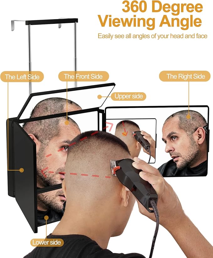 Aokoka 5 Way Mirror with Light for Self Hair Cutting, 360° Barber Mirror for Men Shaving, Makeup Mirror with Height Adjusta for Braiding Hair Styling Dye Hair for Women