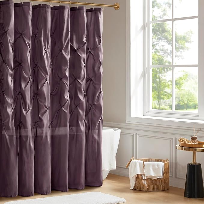 Madison Park Laurel Semi-Sheer Plum Shower Curtain Purple– Lightweight Faux Silk Fabric, 72x72 in, Light Filtering, Modern Style Bathroom Curtain Textured Tufting Detail Modern Mid-Century Bathroom Decor
