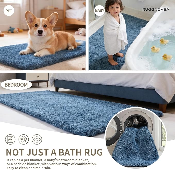 Bathroom Rugs Non Slip Washable 36x24, Ultra Thick Soft Microfiber Absorbent Bath Mats, High Density Foam Latex Non Slip Backing Bath Rugs, Fluffy Floor Carpet for Tub&Shower, Blue