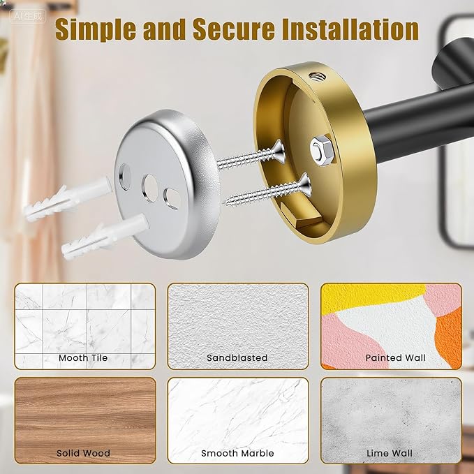 5 Pcs SUS304 Stainless Steel Bathroom Accessories Set, 24" Towel Bar, Round Towel Ring, Toilet Paper Holder, 2 Towel Hooks, Minimalist Design for All Styles Bathrooms (Black+Gold)