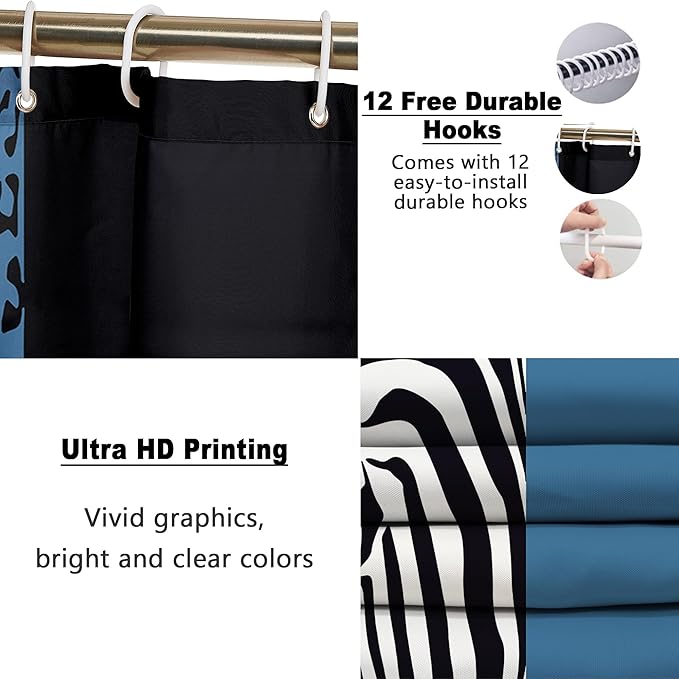 Poedist 4 Pcs Bathroom Shower Curtain Set,Blue Leopard Print Shower Curtain Bright Style Shower Curtain Sets with Rugs(Bath Mat,U Shape and Toilet Lid Cover Mat) and 12 Hooks