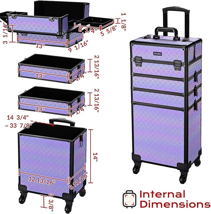 BYOOTIQUE 4in1 Makeup Rolling Case Nail Cart Organizer with Wheels False Eyelash Storage Hairdressing Brush Bags for Beauty Salon Hairstylist Barbershop,Charm ForgetMeNot