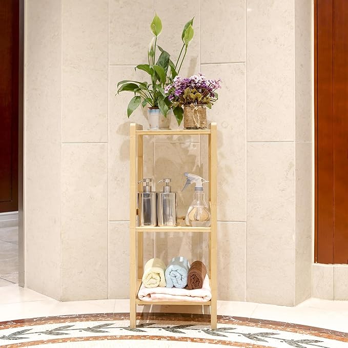 freestanding Bamboo Shelf,Capacity Bamboo Storage Rack for Bathroom, Natural Clutter organizing Shelf,30-inch 3-Tier,30 lbs