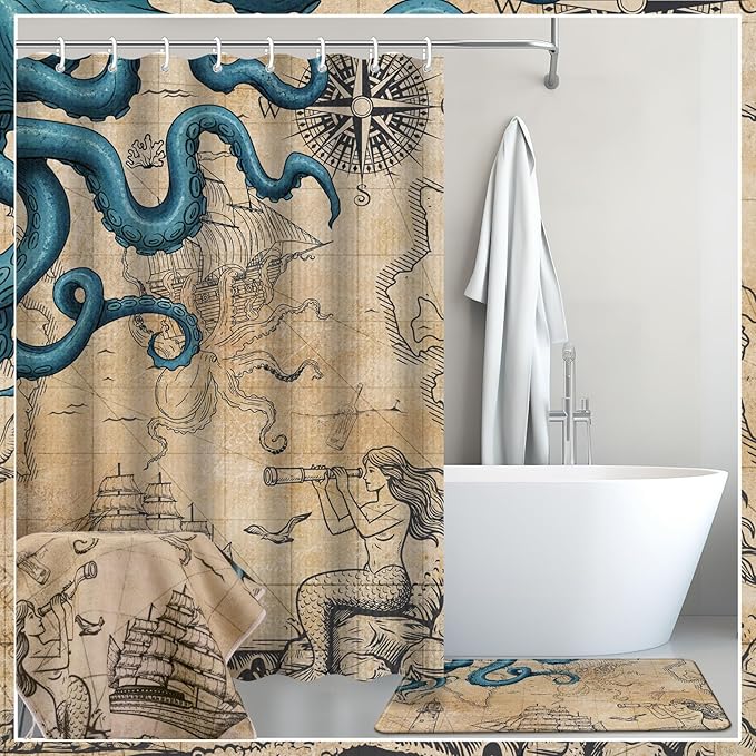 Nuanchu 6 Pcs Vintage Nautical Octopus Shower Curtain Set with Rug Retro Coastal Bathroom Set with Shower Curtain Bath Mat U Shaped Mat Toilet Lid Cover 2 Bath Towels and 12 Hooks Ocean Bathroom Decor