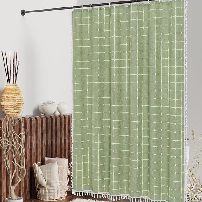 MitoVilla Sage Green Boho Extra Long Shower Curtain 72 x 84, Modern Farmhouse 84 inch XL Rustic Polyester Linen Tassel Heavy Duty Shower Curtain Set with Hooks for Cottagecore Country Bathroom Decor