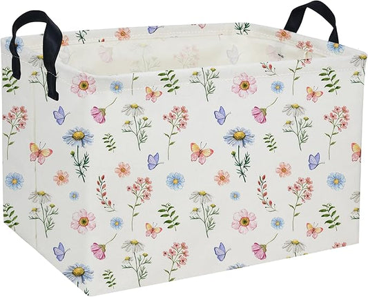 Rectangle Kids Baskets Flower Basket Cute Storage Bin Organizer Boys Box for Room Decor Gift Basket(Watercolor flower)