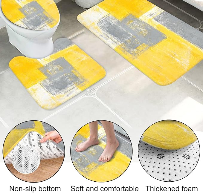 Lnond 4Pcs Bathroom Shower Curtain Sets with Rugs,Yellow and Grey Painting Art Bathroom Sets with Shower Curtain and Rugs and Accessories