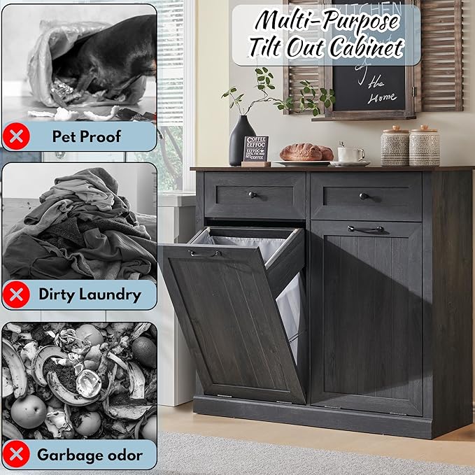 IFBUY Double Tilt Out Laundry Hamper Cabinet, 20 Gallon Farmhouse Trash Can Cabinet with Drawer, Hidden Wood Garbage Can Bin Cabinet with Laundry Storage Basket for Bathroom, Kitchen, Dark Grey