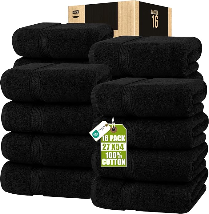Utopia Towels 16 Pack Premium Bath Towels Set, 27 by 54 Inches, 100% Ring Spun Cotton 600GSM, Lightweight and Highly Absorbent Quick Drying Towels, Perfect for Daily Use, Black