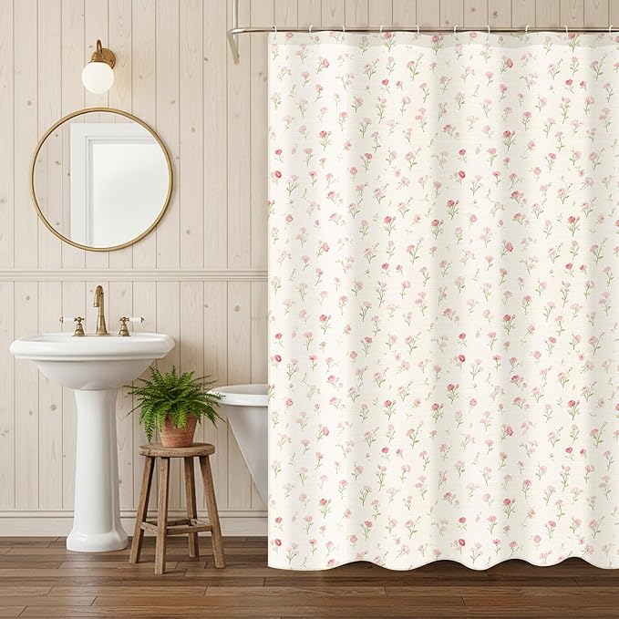 Boao Floral Shower Curtain Linen Farmhouse Cottagecore Spring Shower Curtain Boho Rustic Wildflowers Water Repellent for Bathroom Farmhouse 72" W x 72" L(Pink Flower)