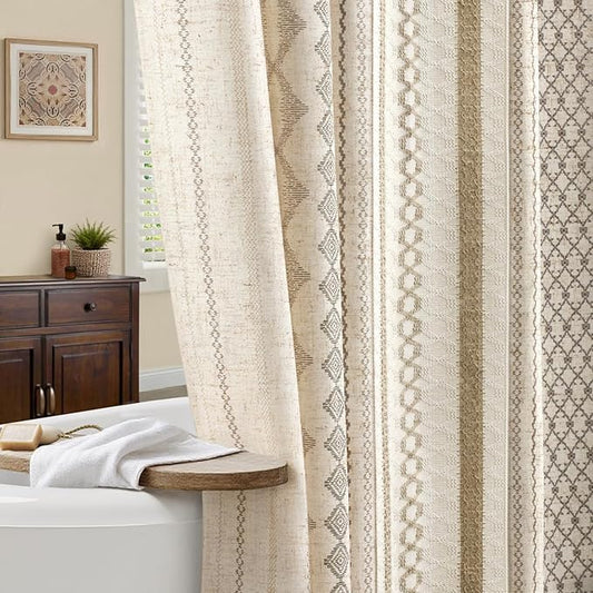 Boho Linen Shower Curtain for Bathroom,with Striped Print and Twine-Inspired Woven Center,72" W x 78" L,Beige