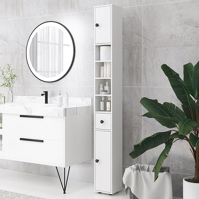 Slim Tall Bathroom Floor Storage Cabinet for Small Bathrooms White