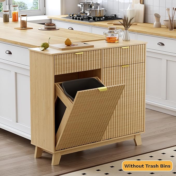 Double Tilt Out Laundry Hamper Cabinet, 20 Gallon Wooden Trash Can Cabinet with Storage Drawers, Hidden Fluted Garbage Can Holder for Kitchen, Living Room (Natural Wood, 39.34"W x 35.83"H x 13"D)