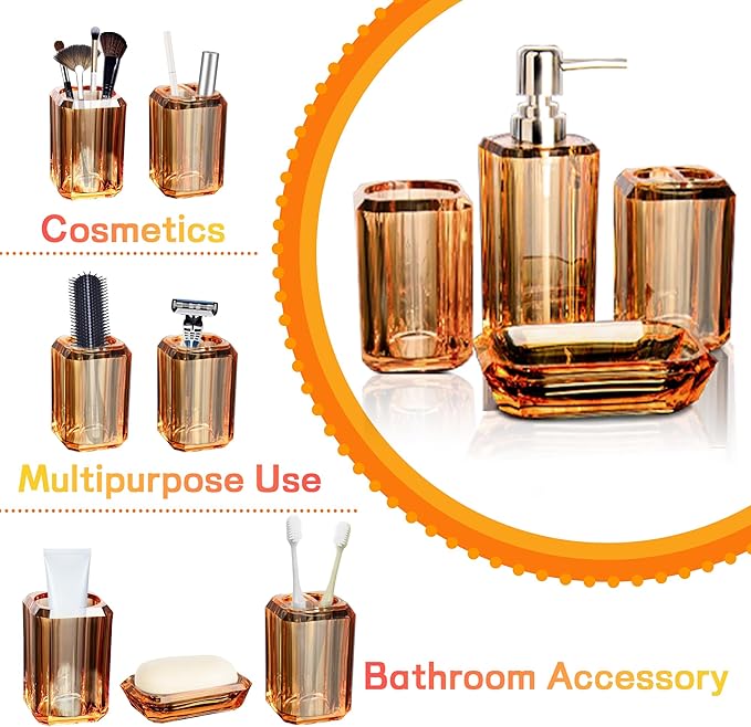 Bathroom Accessories Set,4 Pcs Premium Acrylic Bathroom Accessory Set Complete w/Lotion Soap Dispenser,Mouthwash Cup,Soap Dish,Toothbrush Holder,Orange Bathroom Decor Sets,Gift for Home Apartment