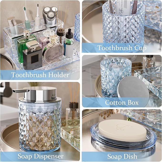 Glass Bathroom Accessories Set 5Pcs Crystal - Blue Foaming Soap Dispenser, Soap Dish, Cup, Acrylic Toothbrush Holder with Tray Organizer, Cotton Swab Jar, Bathroom Counter Set Sink Decor
