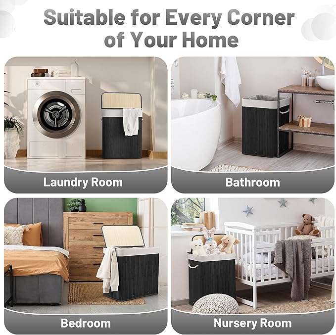Aliphon 72L Slim Laundry Hamper with Lid, Foldable Bamboo Clothes Laundry Basket with Handles, Removable and Machine Washable Liner, for Bedroom, Bathroom, Dorm, Ink Black