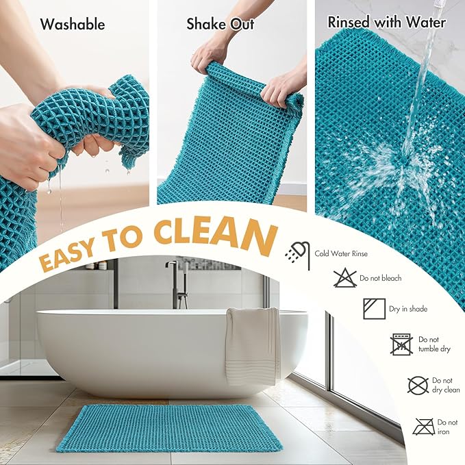 MIULEE Set of 2 Waffle Bathroom Rugs, Boho Bath Rugs Non Slip Washable, Super Absorbent Bath Mats, Ultra Soft Rubber Backed Shower Mats for Bathroom Floor, Tub and Shower, Teal, 17x24 Inch