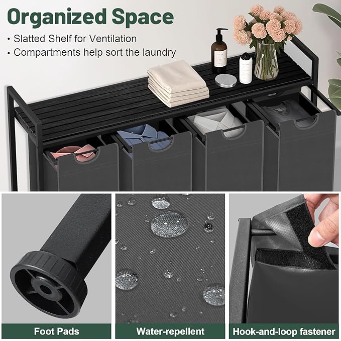 Sonharlar Laundry Hamper, Laundry Sorter with 4 Pull-Out Removable Oxford Fabric Bags Cloth Laundry Basket 4 x 10 Gallons (Grey and Charcoal Black)