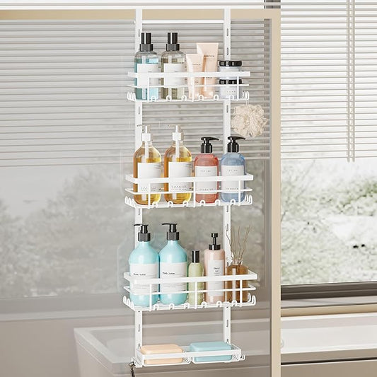 SWTYMIKI Over The Door Shower Caddy - 4 Tier Rustproof Hanging Shower Organizer with Adjustable Shelves, 40 Hooks & Soap Holder, Hanging Shower Rack Storage for Bathroom Accessories, White